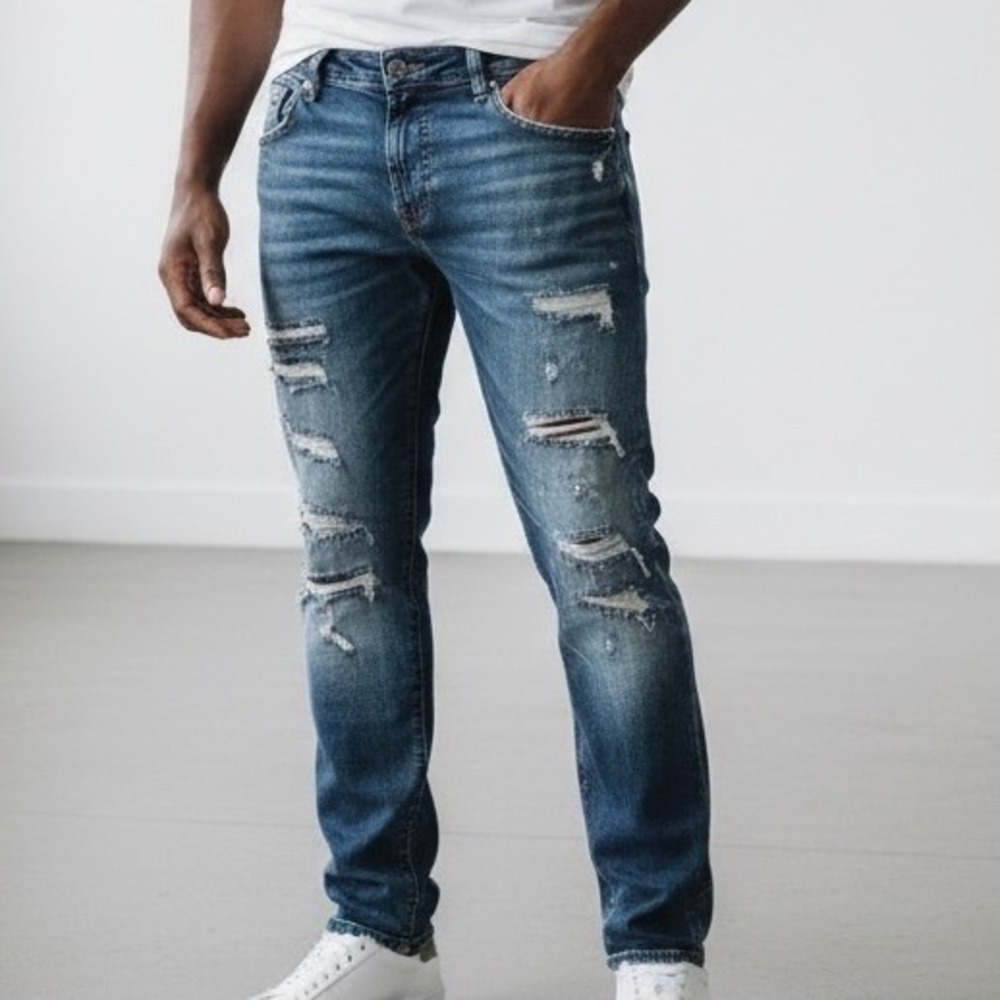 Decibel‎ Mens Distressed Slim Tapered Jeans 40W 33L Ripped whiskers grunge edgy